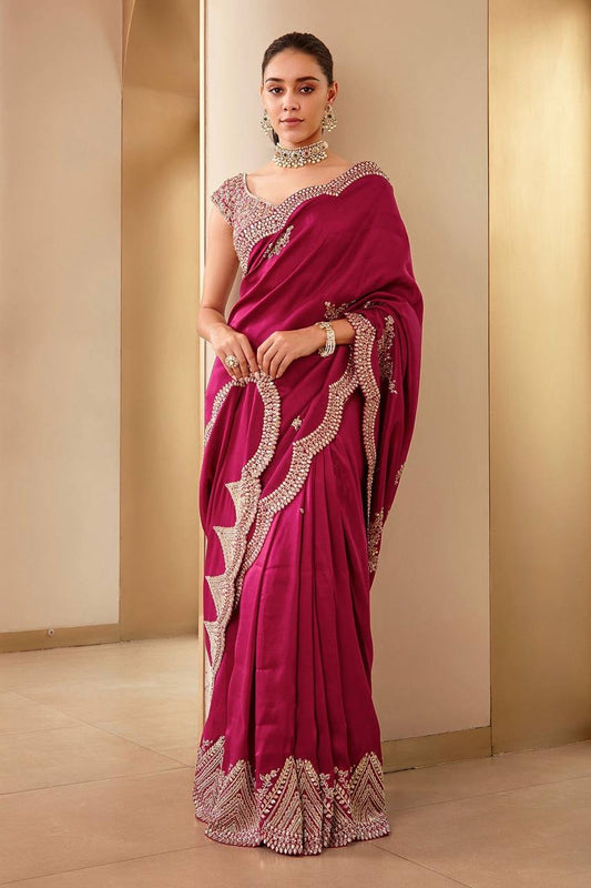 Pink Colour Vichitra Silk Fabric Embroidery Work Saree