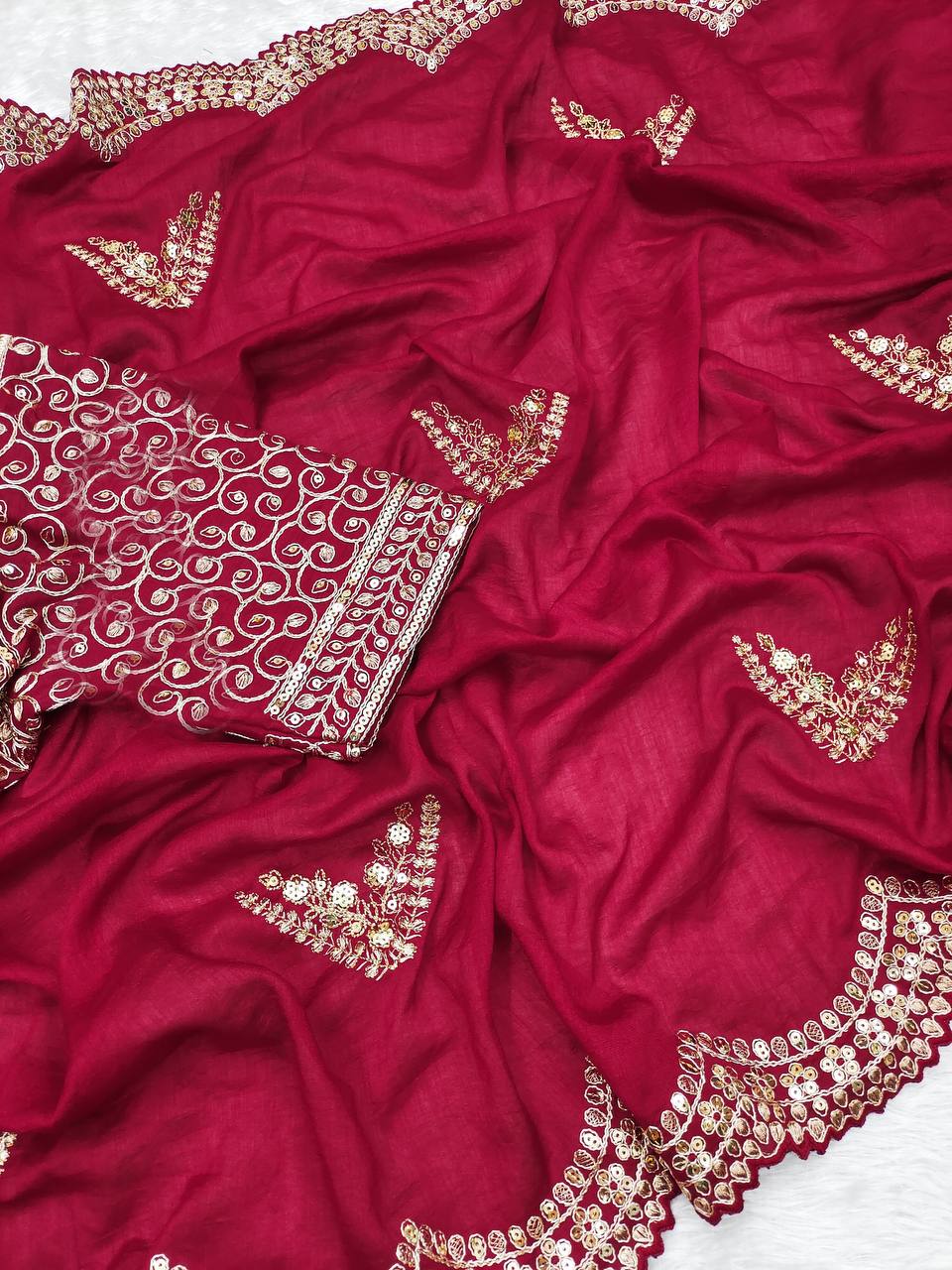 Pink Colour Vichitra Silk Fabric Embroidery Work Saree