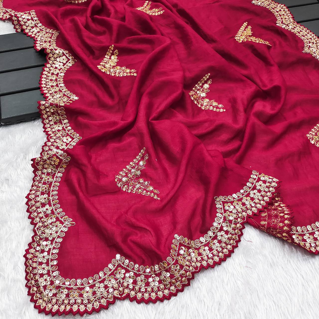 Pink Colour Vichitra Silk Fabric Embroidery Work Saree