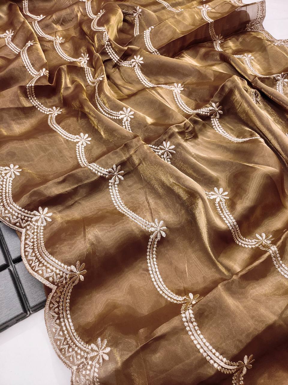 Rust Colour Jimmy Chhu Silk Fabric Heavy Embroidery Zari Work Saree