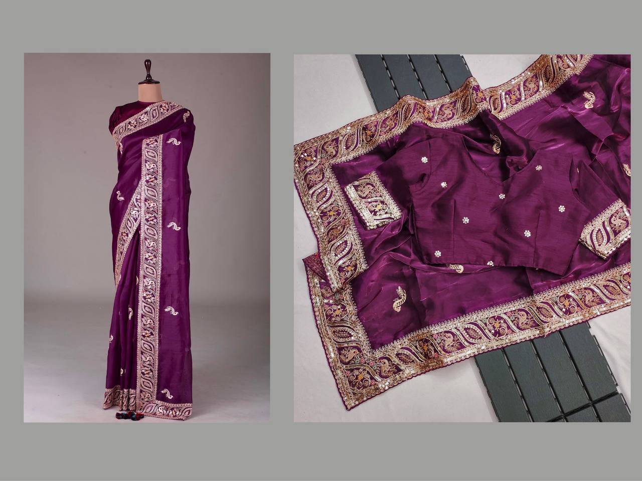 Wine Color Jimmy Chhu Silk Fabric Embroidery Sequences Work Saree