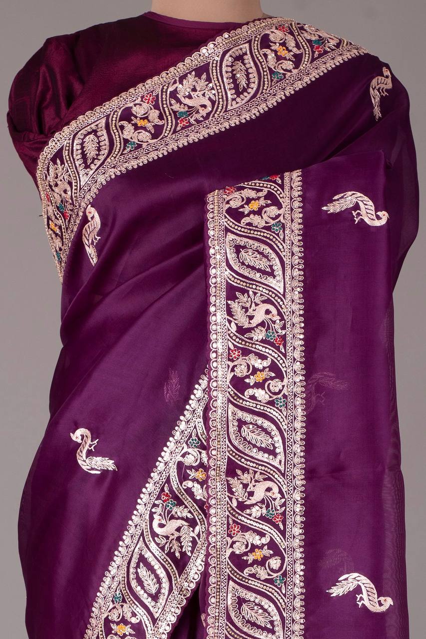 Wine Color Jimmy Chhu Silk Fabric Embroidery Sequences Work Saree