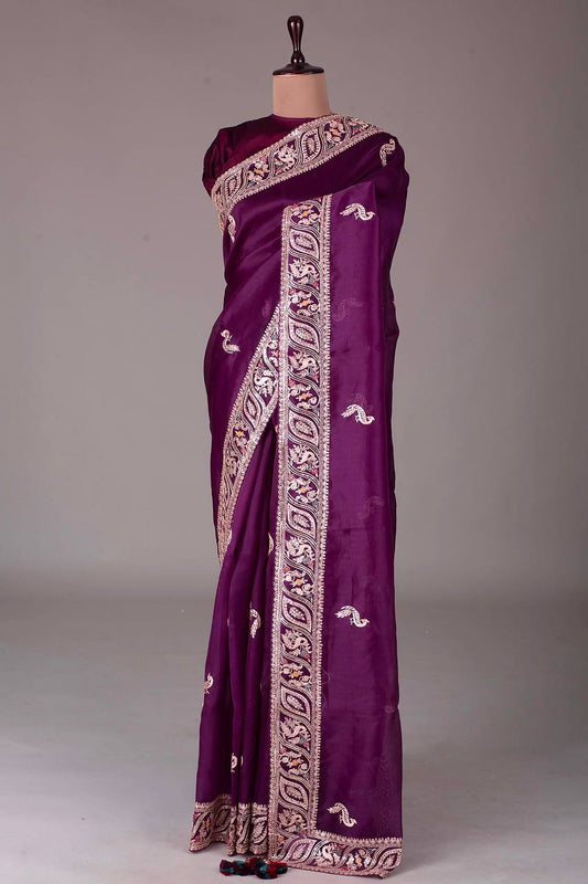 Wine Color Jimmy Chhu Silk Fabric Embroidery Sequences Work Saree