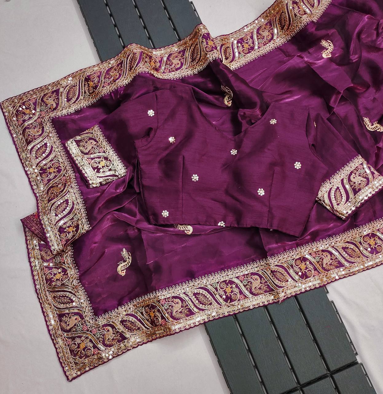 Wine Color Jimmy Chhu Silk Fabric Embroidery Sequences Work Saree