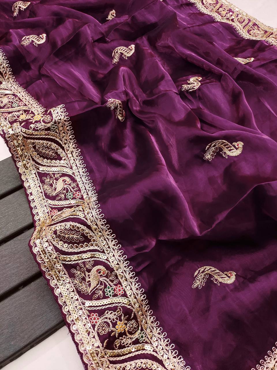 Wine Color Jimmy Chhu Silk Fabric Embroidery Sequences Work Saree