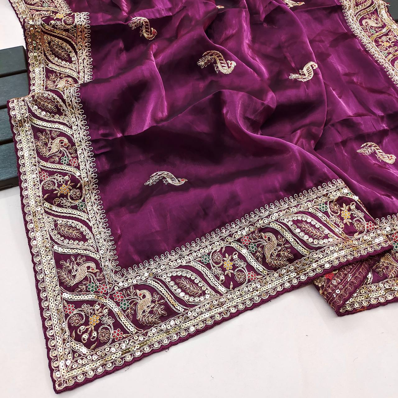 Wine Color Jimmy Chhu Silk Fabric Embroidery Sequences Work Saree