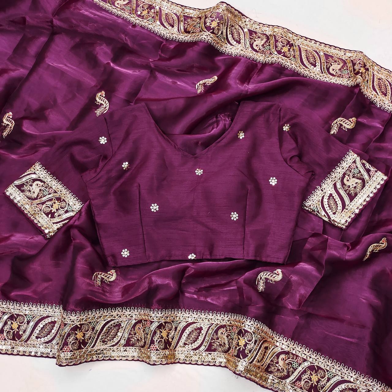 Wine Color Jimmy Chhu Silk Fabric Embroidery Sequences Work Saree