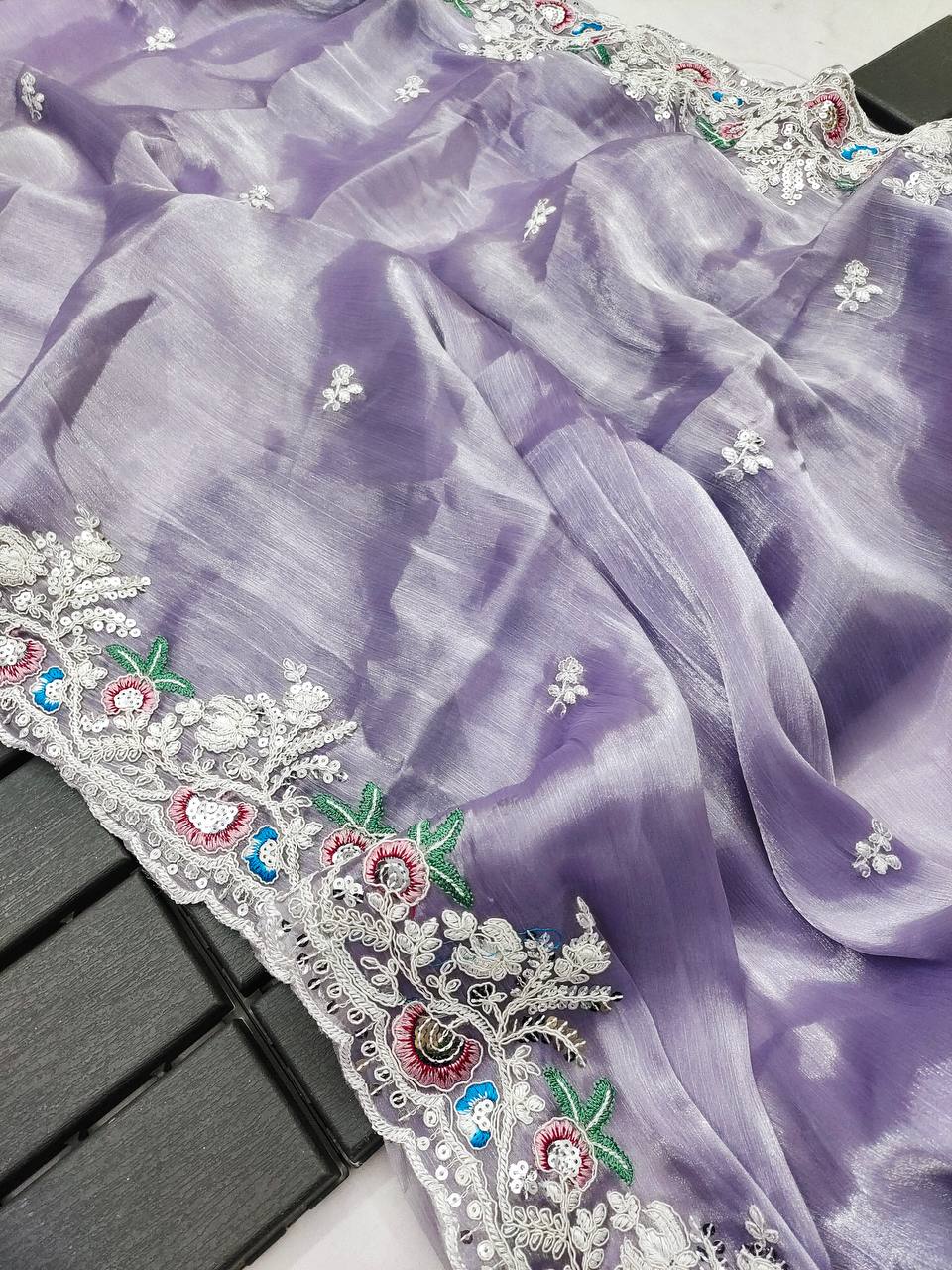 Purple Soft Berberry jummy Chhu Fabric Fancy Cut Work Border Saree