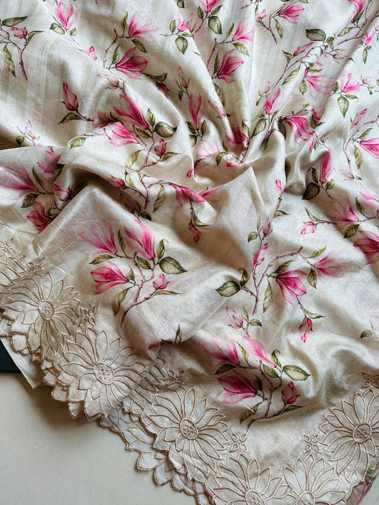 Beautiful Tussar Silk Floral Printed Embroidery Work Saree