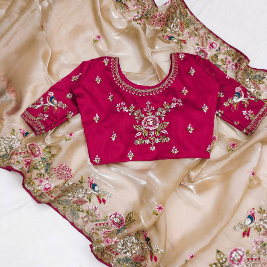 Wedding Wear Soft Silk Mutly Thread Embroidery & Cut Work Border Sari