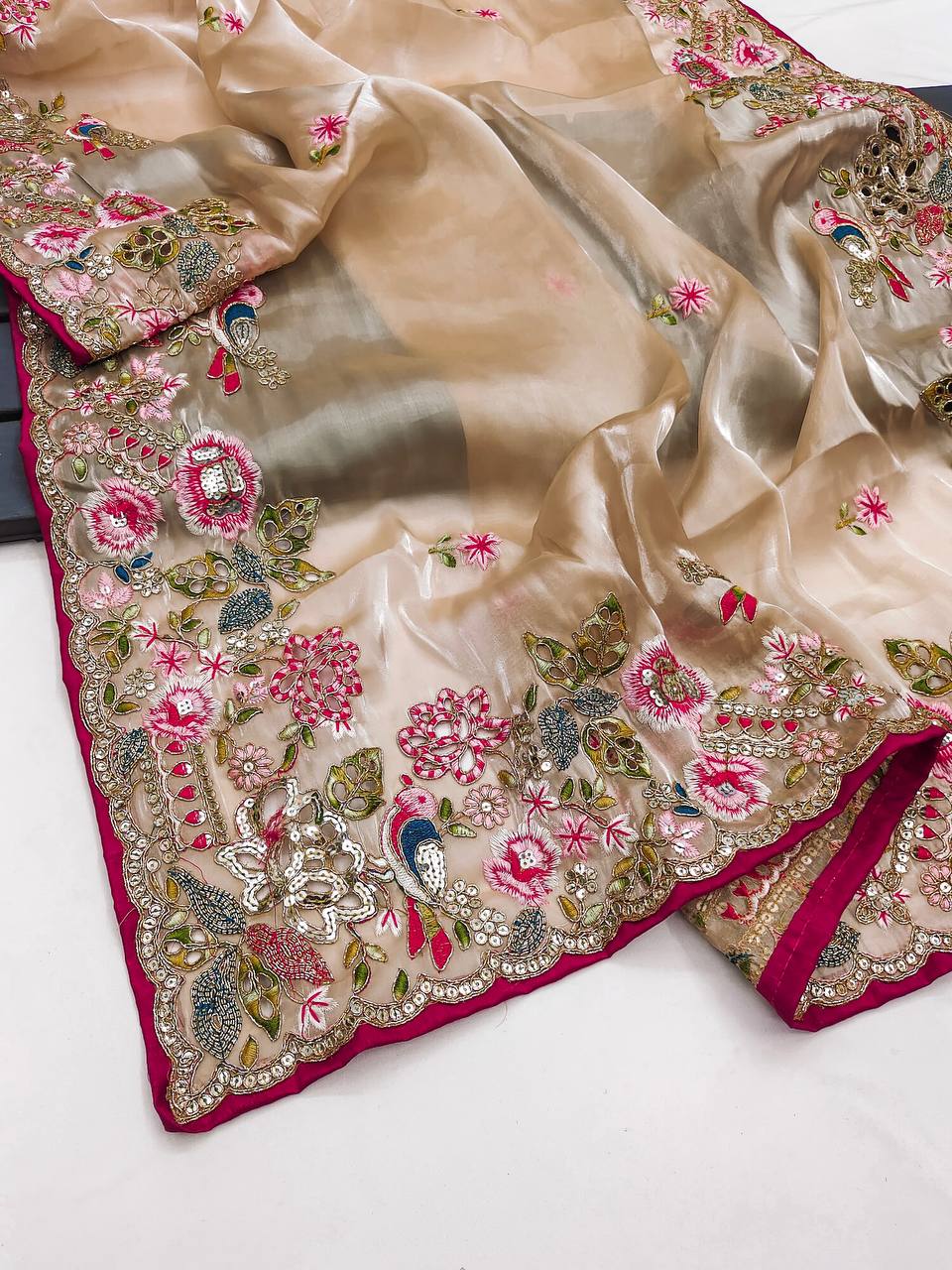 Wedding Wear Soft Silk Mutly Thread Embroidery & Cut Work Border Sari