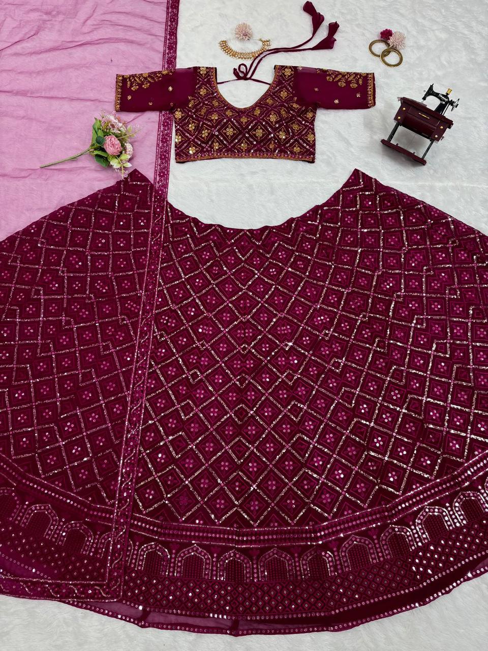 Wedding Wear Georgette Fabric Thread Work Lehenga Choli With Dupatta