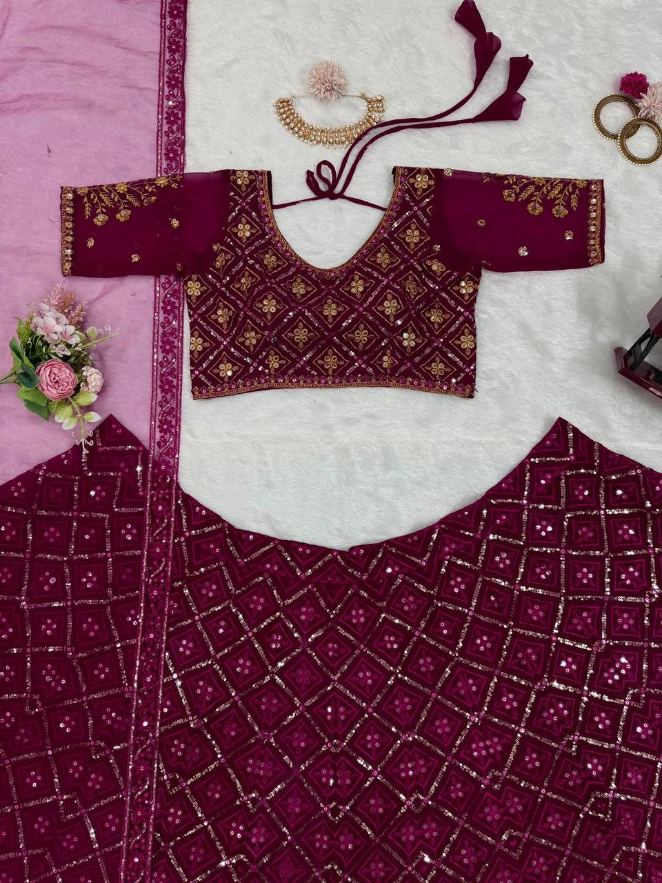 Wedding Wear Georgette Fabric Thread Work Lehenga Choli With Dupatta