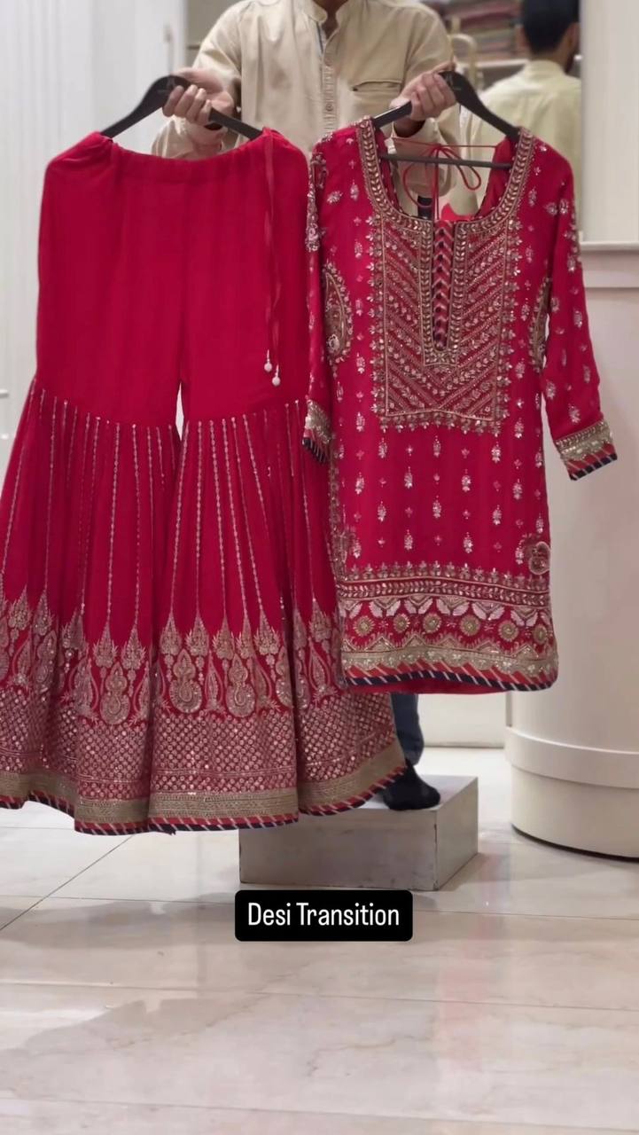 Designer Pink Colour Georgette Fabric Thread Work Fully Stitched Sharara Suit