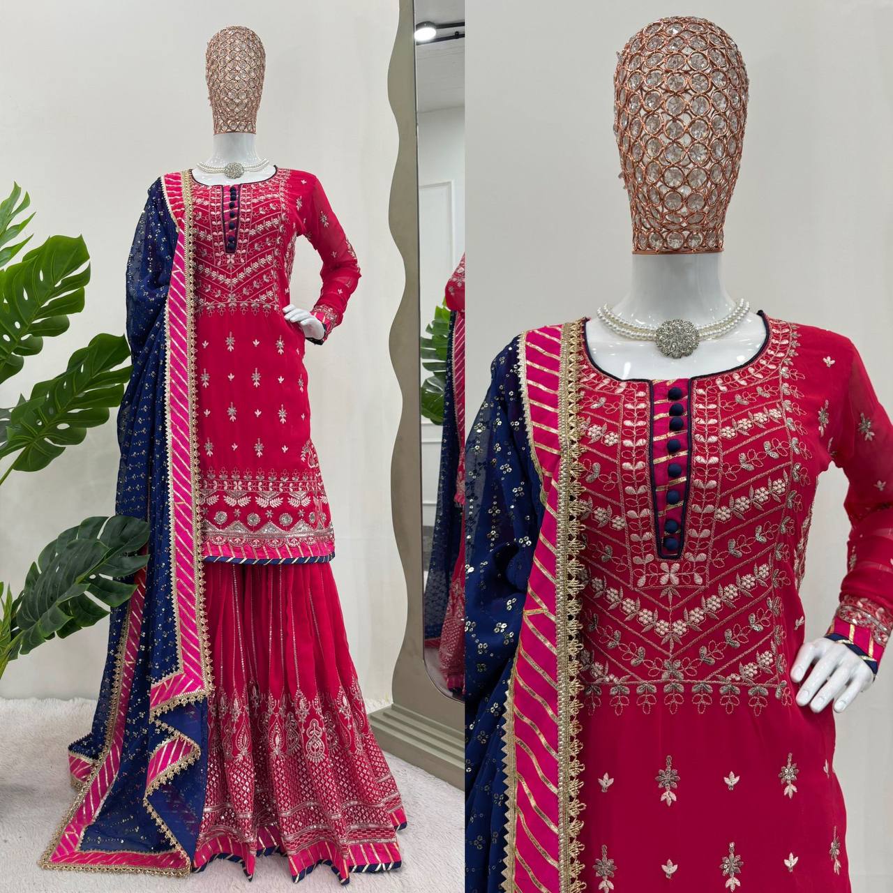 Designer Pink Colour Georgette Fabric Thread Work Fully Stitched Sharara Suit