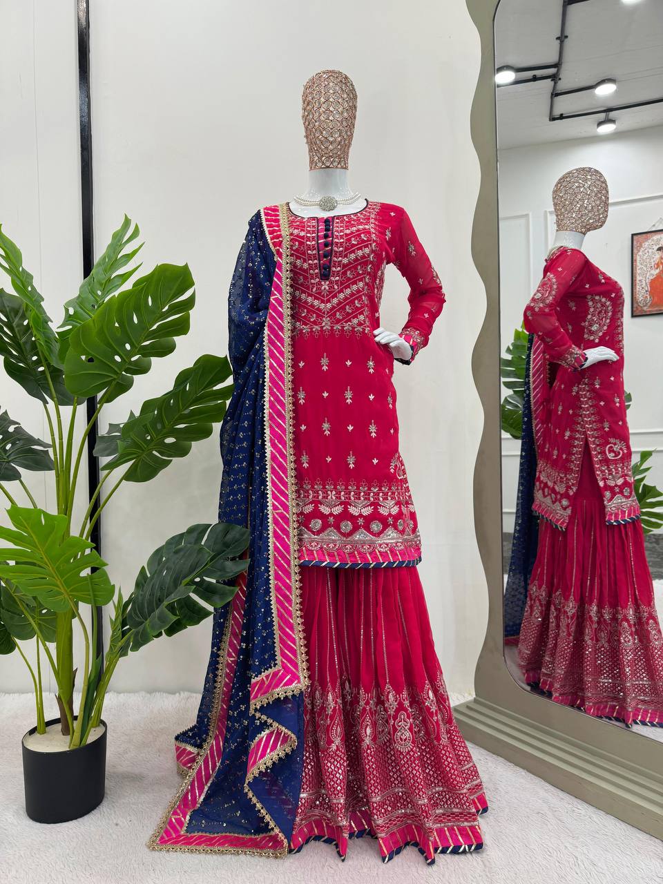 Designer Pink Colour Georgette Fabric Thread Work Fully Stitched Sharara Suit