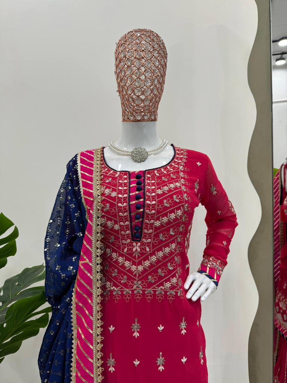 Designer Pink Colour Georgette Fabric Thread Work Fully Stitched Sharara Suit