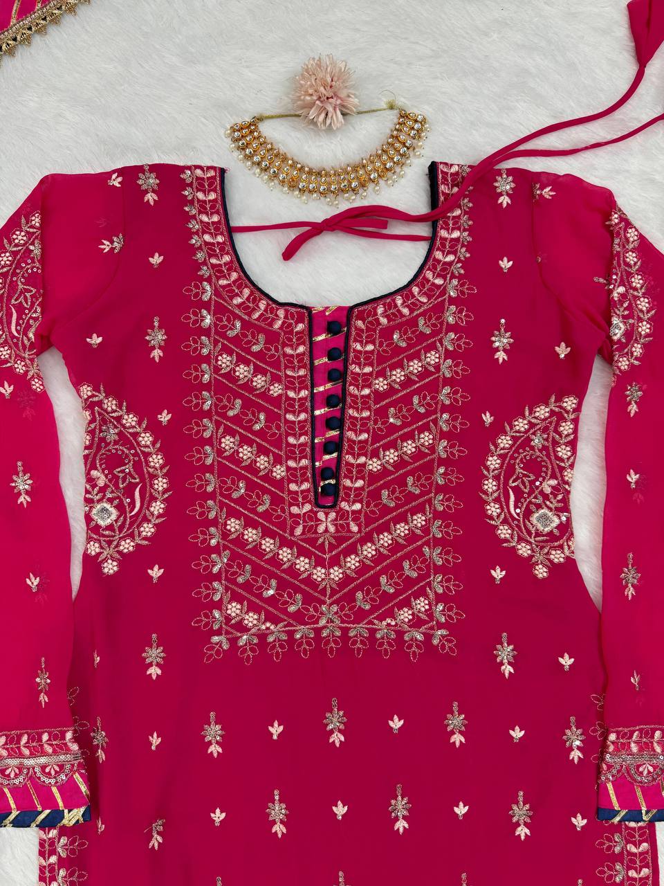 Designer Pink Colour Georgette Fabric Thread Work Fully Stitched Sharara Suit