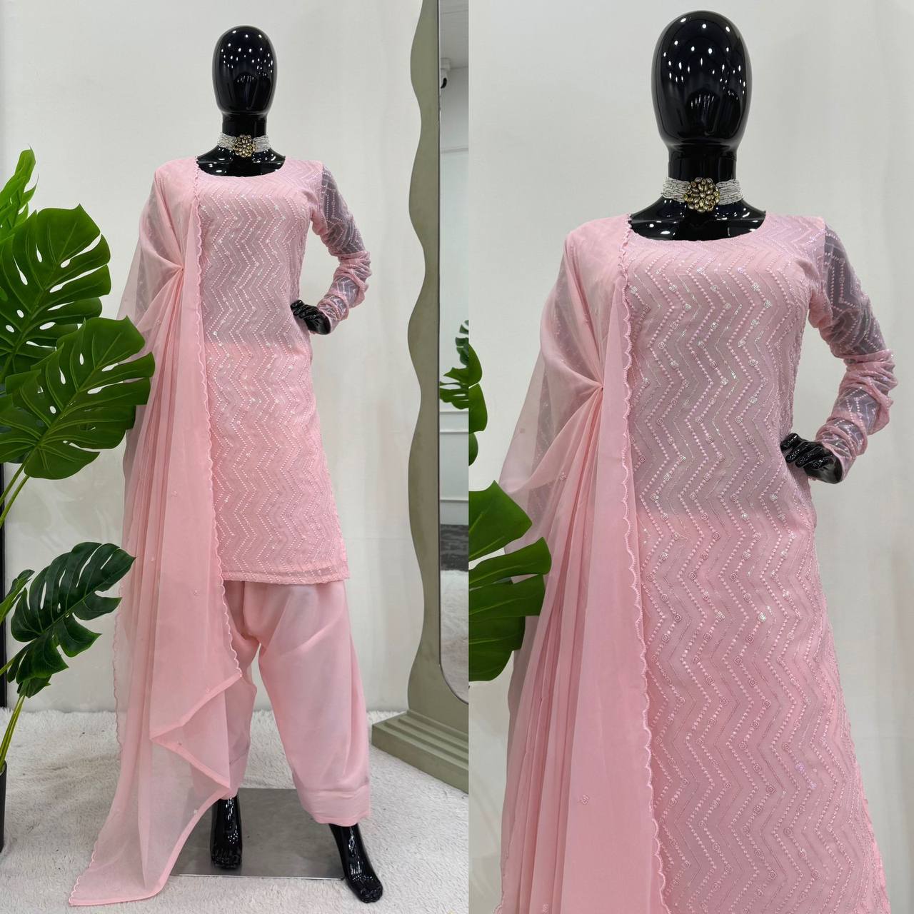 Attractive Pink Colour Georgette Fabric Thread With Cut Work Salwar Suit