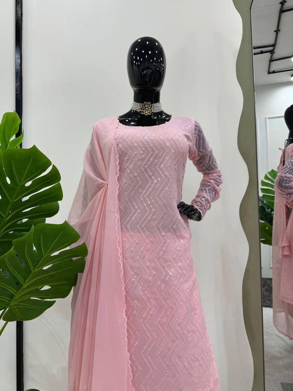 Attractive Pink Colour Georgette Fabric Thread With Cut Work Salwar Suit