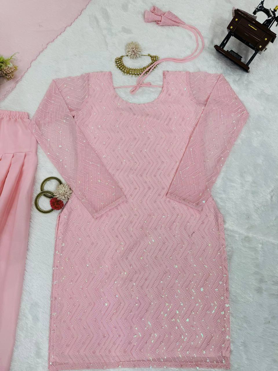 Attractive Pink Colour Georgette Fabric Thread With Cut Work Salwar Suit