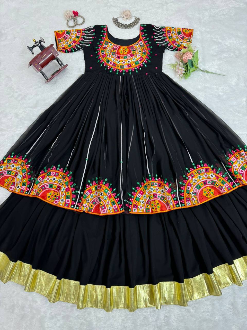 Demanding Black Colour Georgette Fabric Chain Stitched Work Lehenga