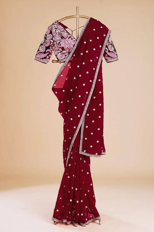 Designer Red Colour Jimmy Chhu Fabric Thread Work Saree