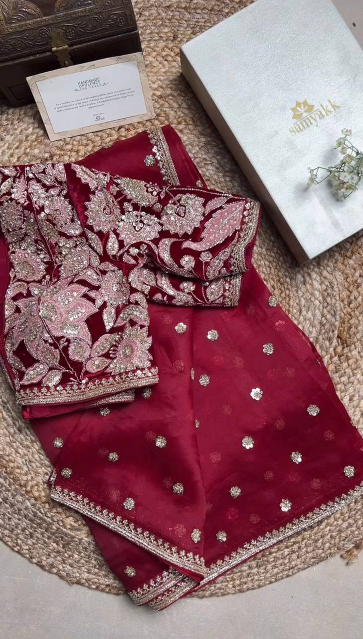 Designer Red Colour Jimmy Chhu Fabric Thread Work Saree