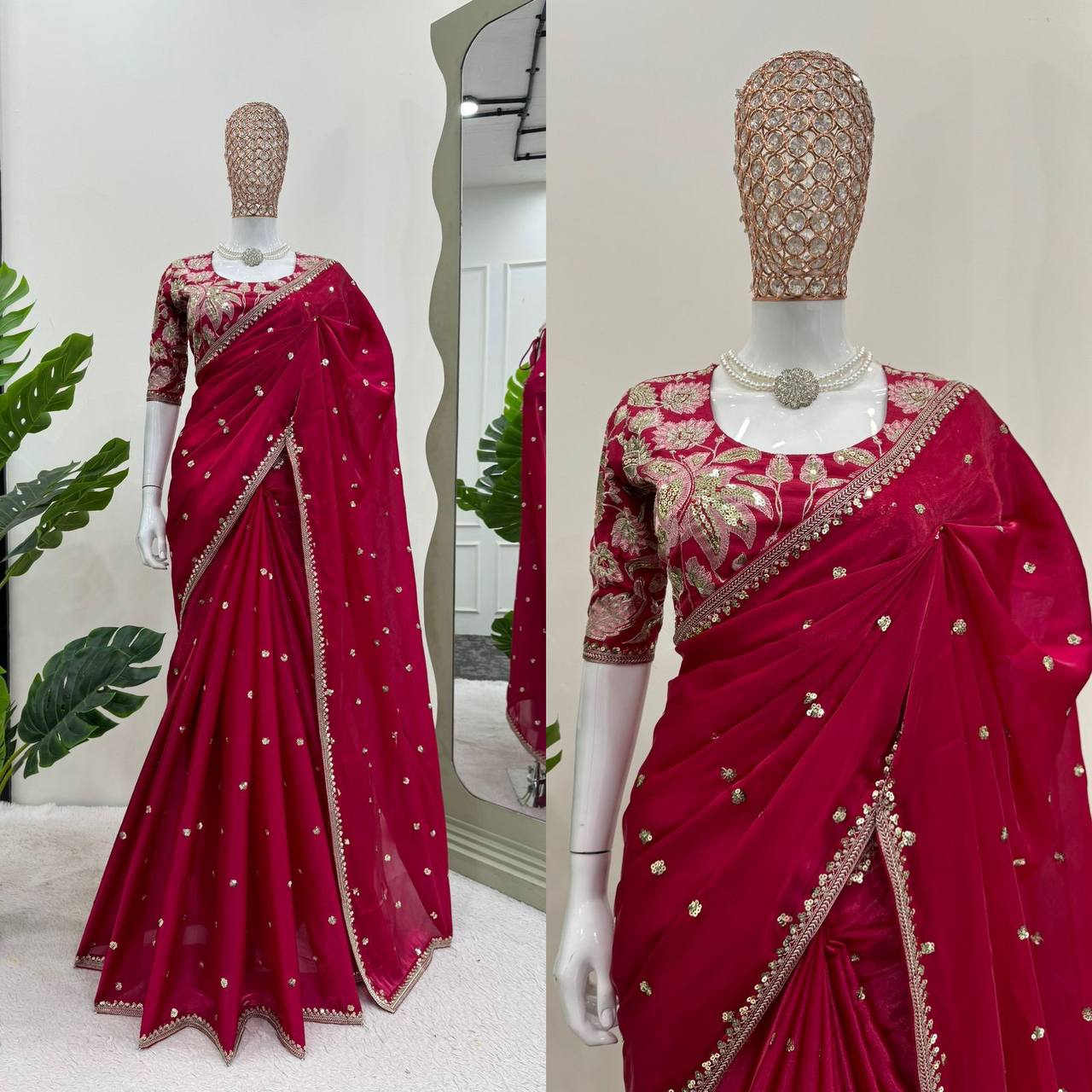 Designer Red Colour Jimmy Chhu Fabric Thread Work Saree