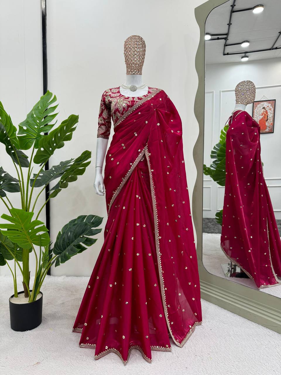 Designer Red Colour Jimmy Chhu Fabric Thread Work Saree