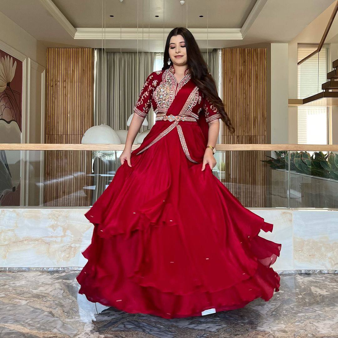 Party Wear Red Colour Fiyona Silk Fully Stitched Lehenga Saree