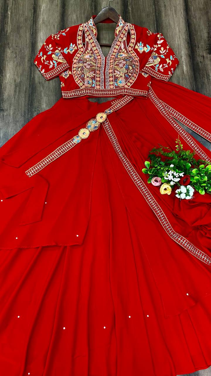 Party Wear Red Colour Fiyona Silk Fully Stitched Lehenga Saree