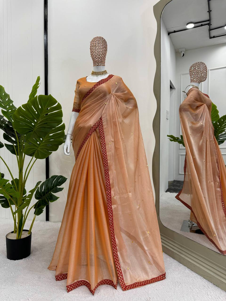 Beautiful Burberry Silk Fabric Thread & Sequence With Ston Work Saree