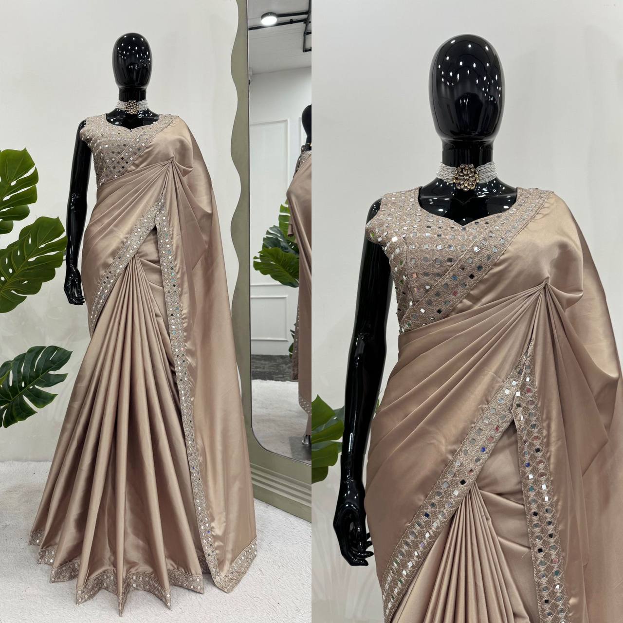 Wedding Wear Rust Colour Satin Silk Thread & Real Mirror Work Saree