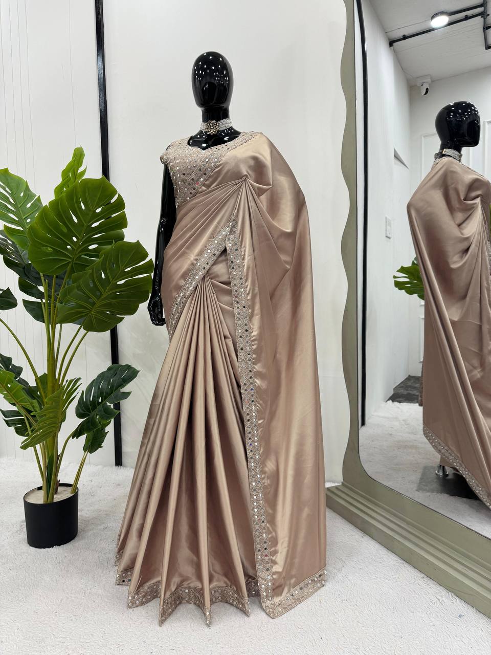 Wedding Wear Rust Colour Satin Silk Thread & Real Mirror Work Saree