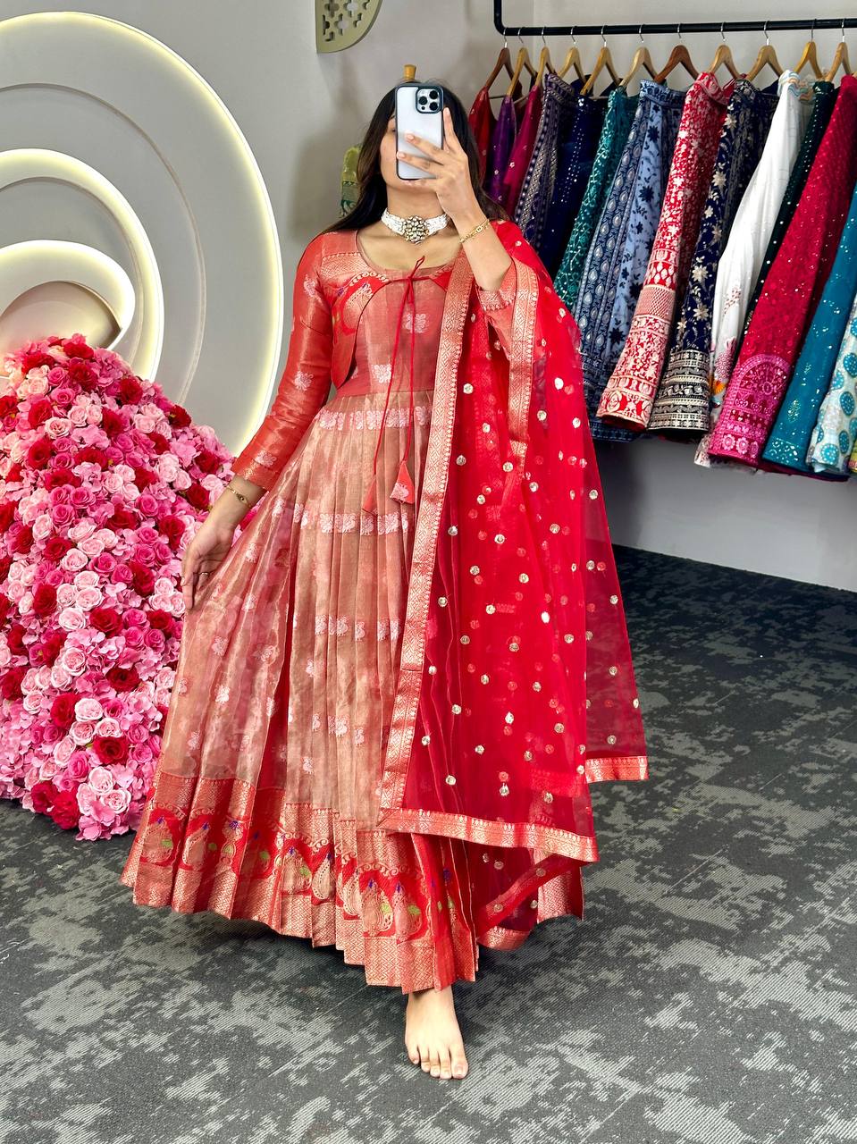 Wedding Wear Kota Silk Weaving Jacquard Work Long Flair Suit