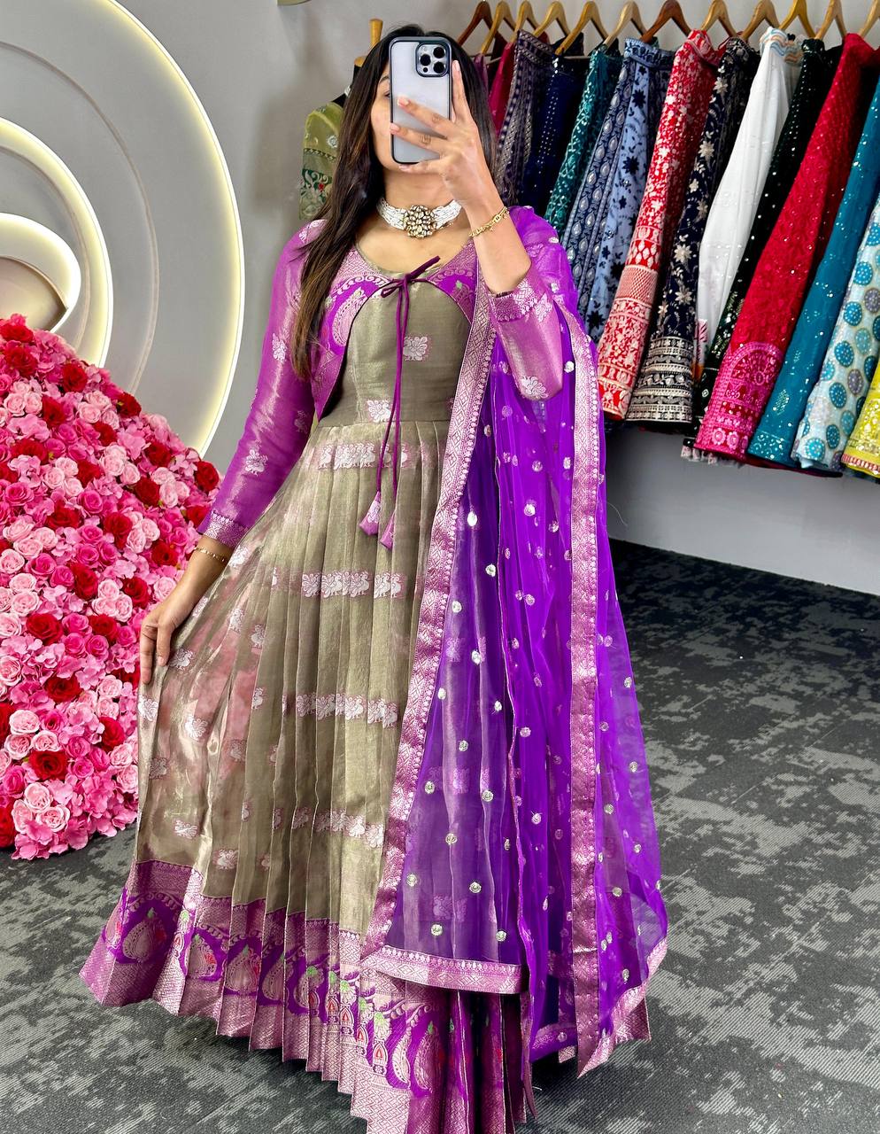 Wedding Wear Kota Silk Weaving Jacquard Work Long Flair Suit