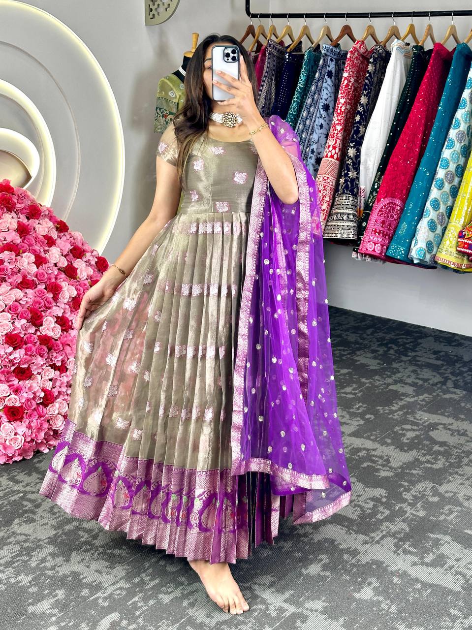 Wedding Wear Kota Silk Weaving Jacquard Work Long Flair Suit