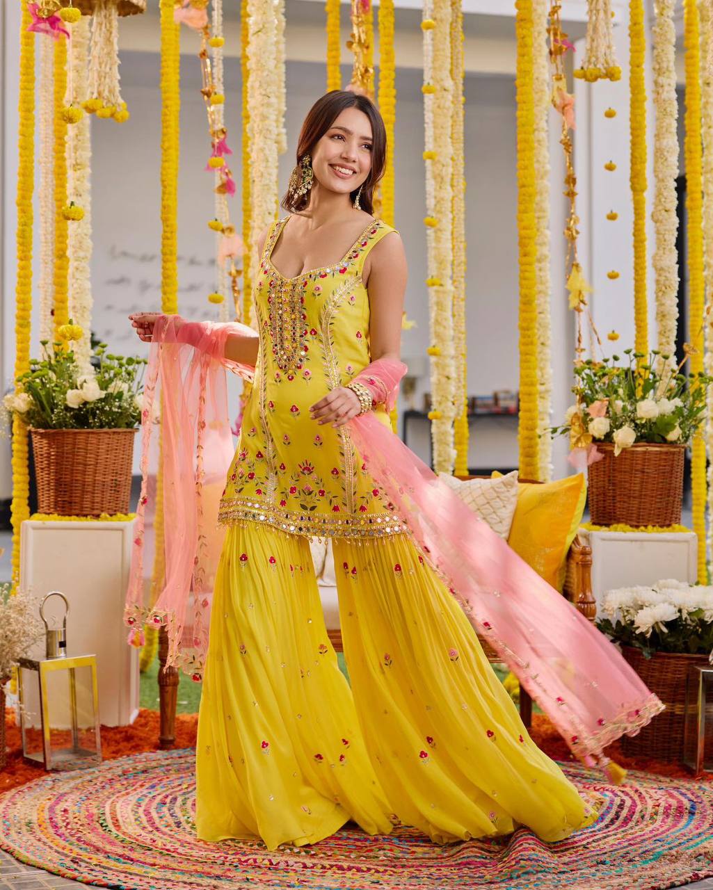 Haldi Function Wear Georgette Fabric Thread Work Fully Stitched Sharara Suit