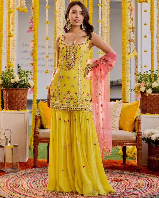 Haldi Function Wear Georgette Fabric Thread Work Fully Stitched Sharara Suit