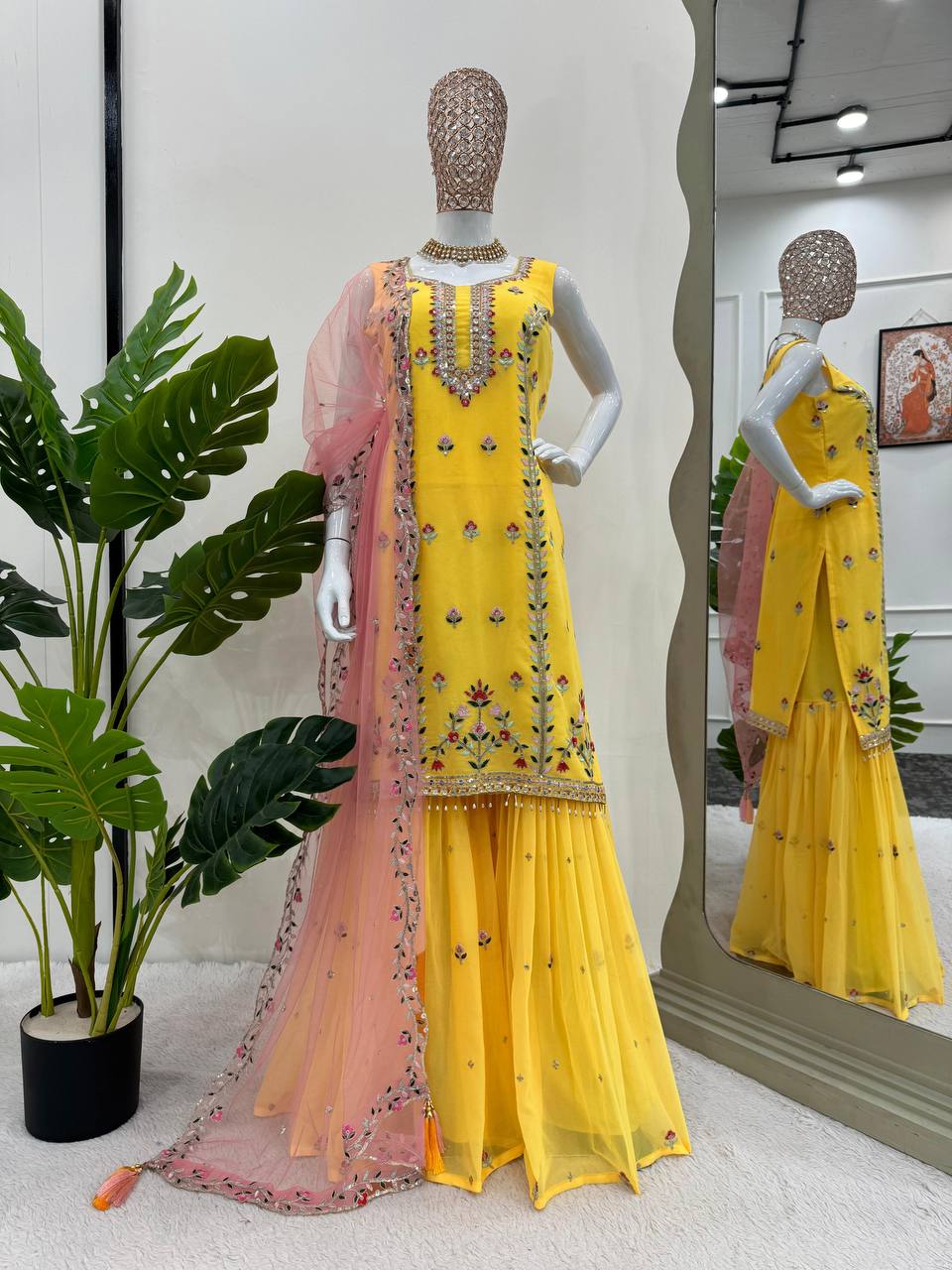 Haldi Function Wear Georgette Fabric Thread Work Fully Stitched Sharara Suit