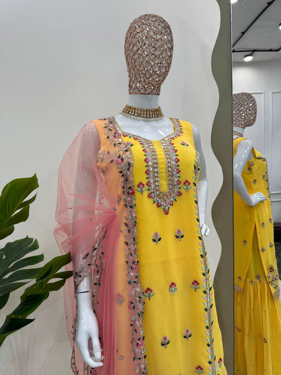 Haldi Function Wear Georgette Fabric Thread Work Fully Stitched Sharara Suit