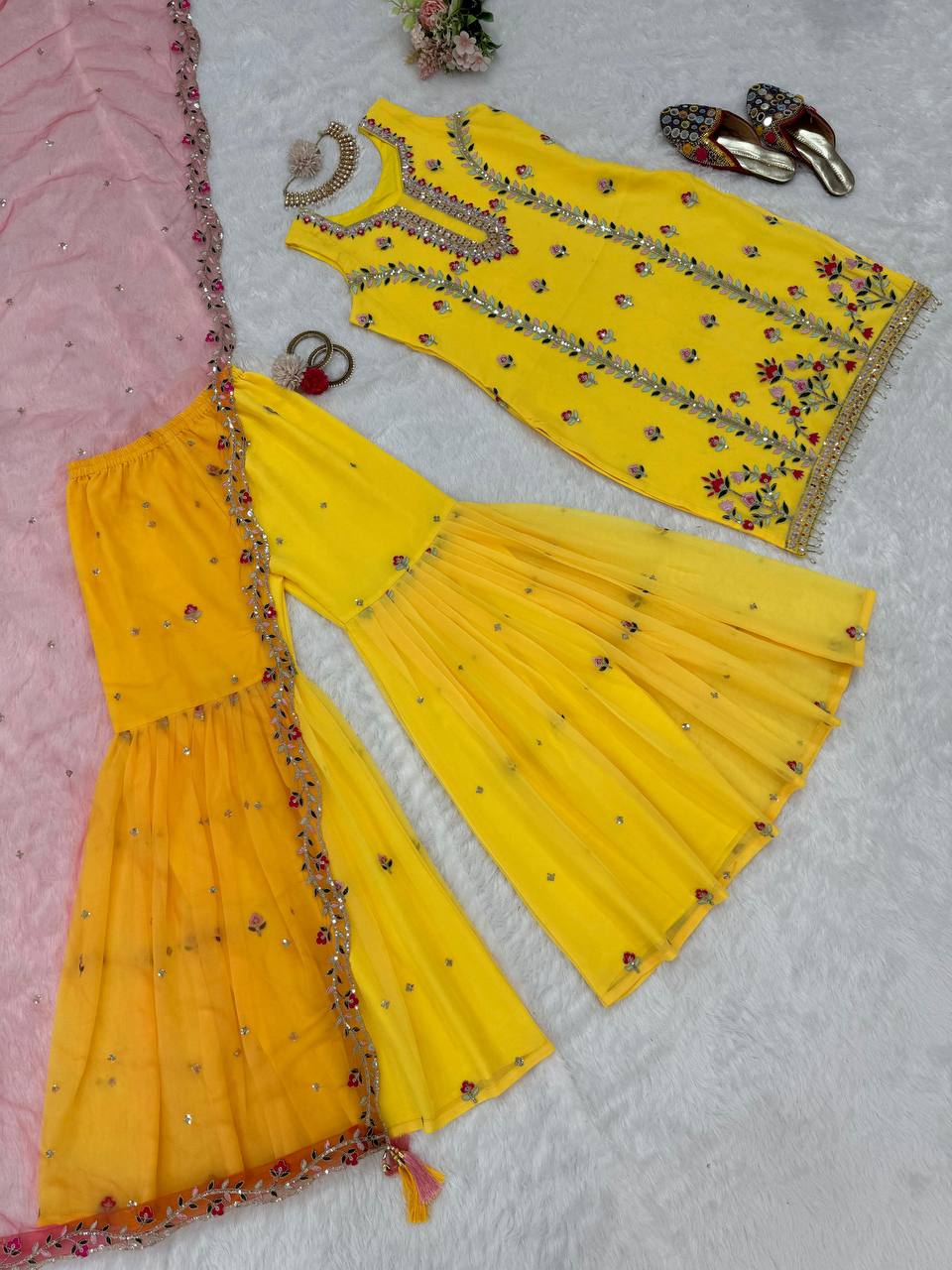 Haldi Function Wear Georgette Fabric Thread Work Fully Stitched Sharara Suit