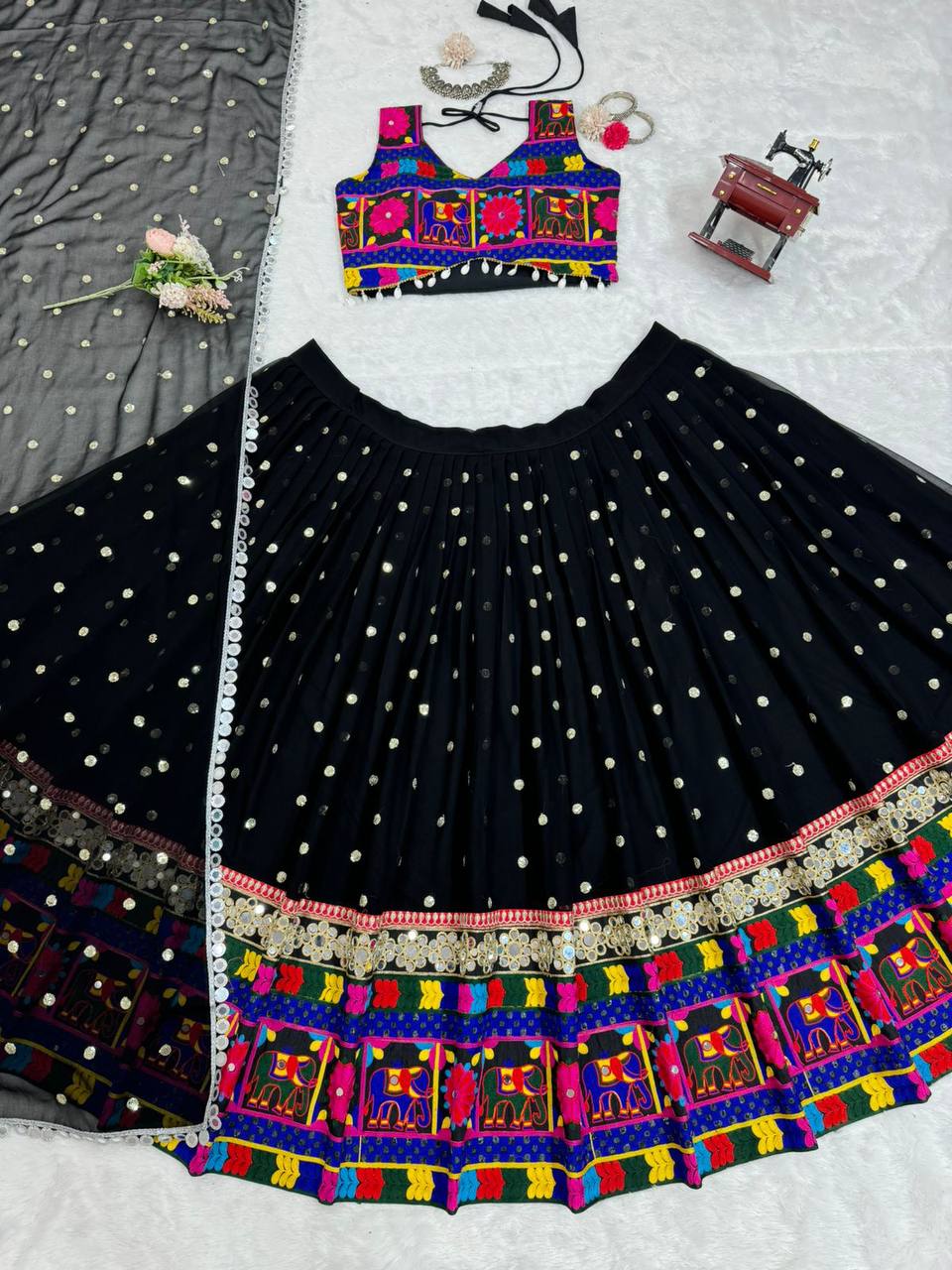 Navratri Special Georgette Fabric Chainstitch With Real Mirror Work Lehenga Choli