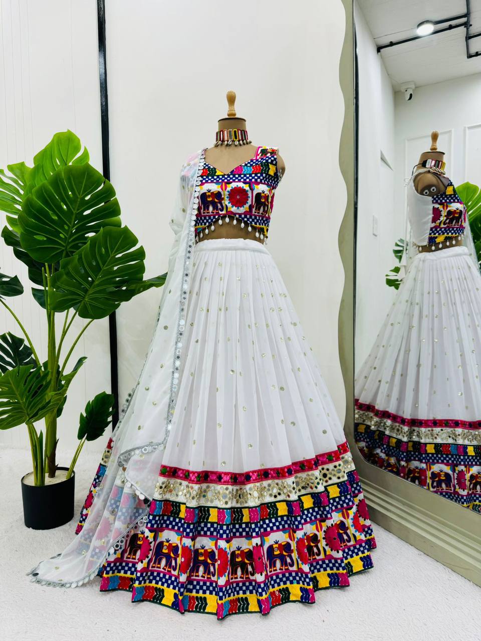 Navratri Special Georgette Fabric Chainstitch With Real Mirror Work Lehenga Choli