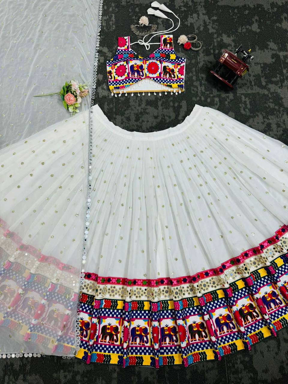 Navratri Special Georgette Fabric Chainstitch With Real Mirror Work Lehenga Choli