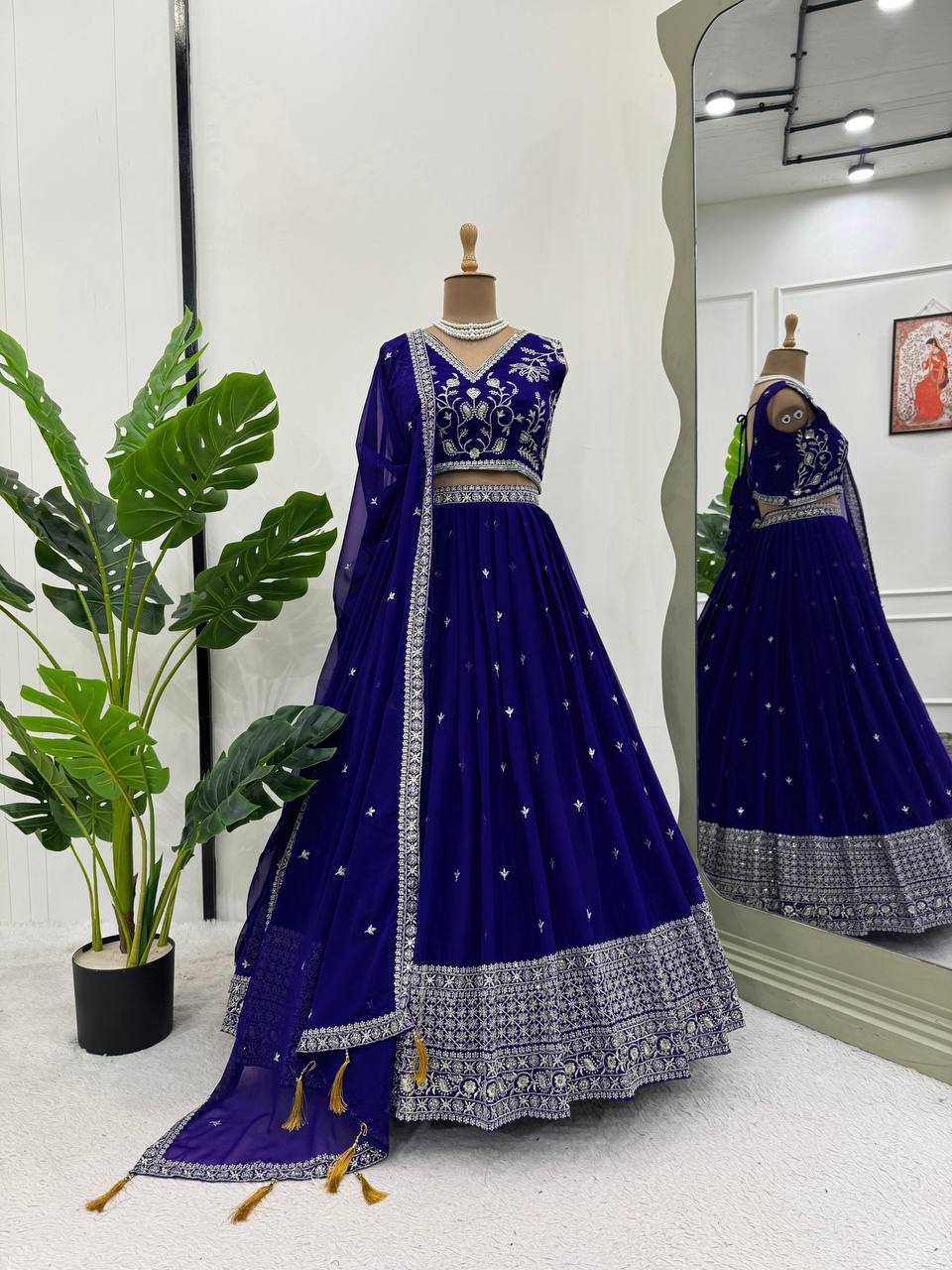 Beautiful Blue Colour Georgette Fabric Thread Work Lehenga Choli