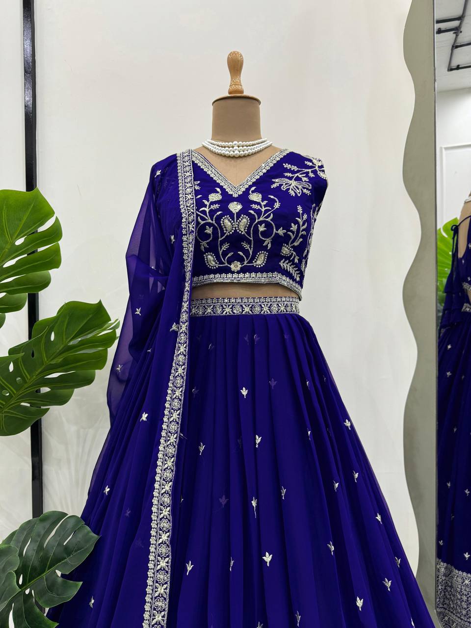 Beautiful Blue Colour Georgette Fabric Thread Work Lehenga Choli