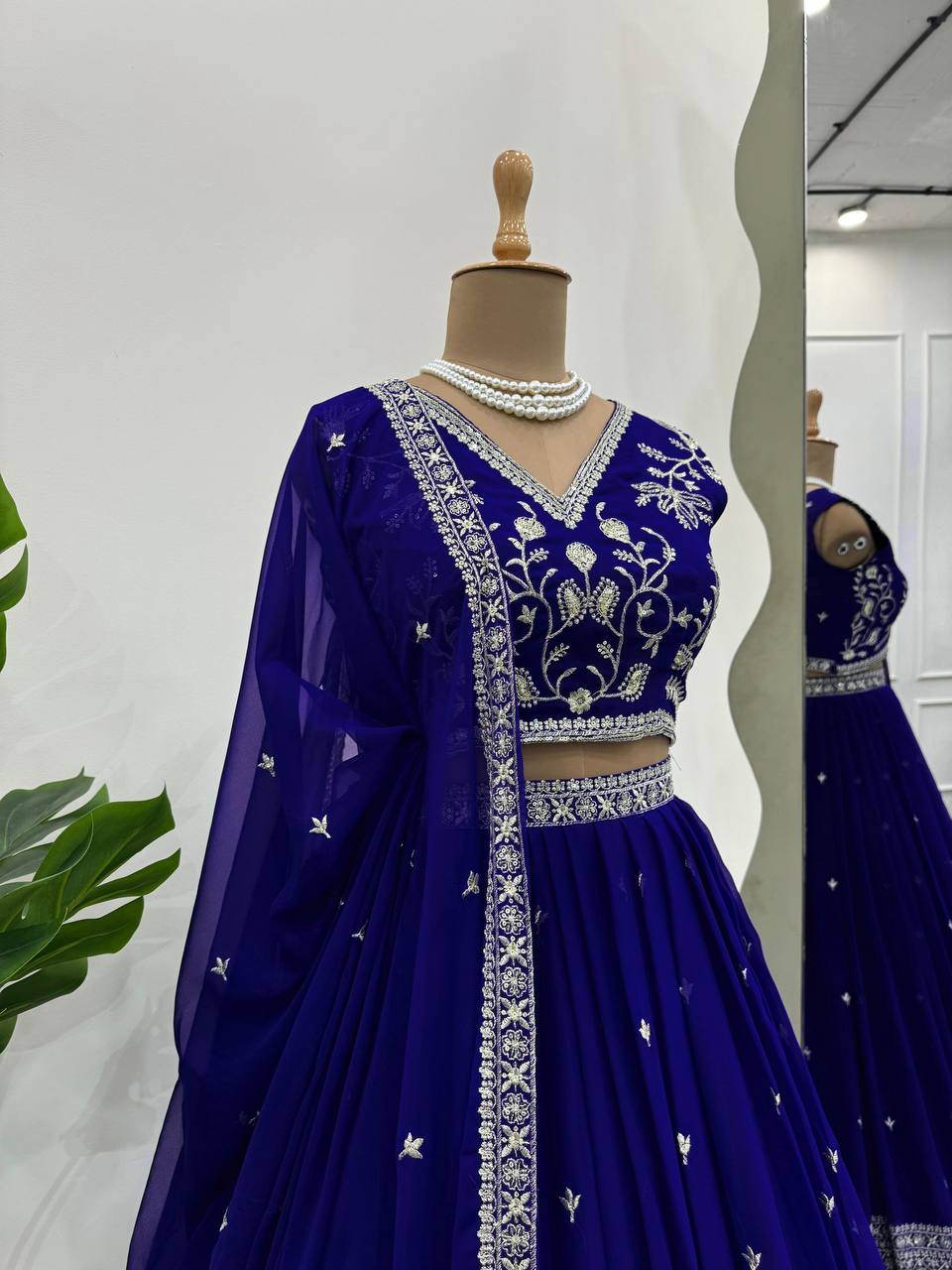 Beautiful Blue Colour Georgette Fabric Thread Work Lehenga Choli