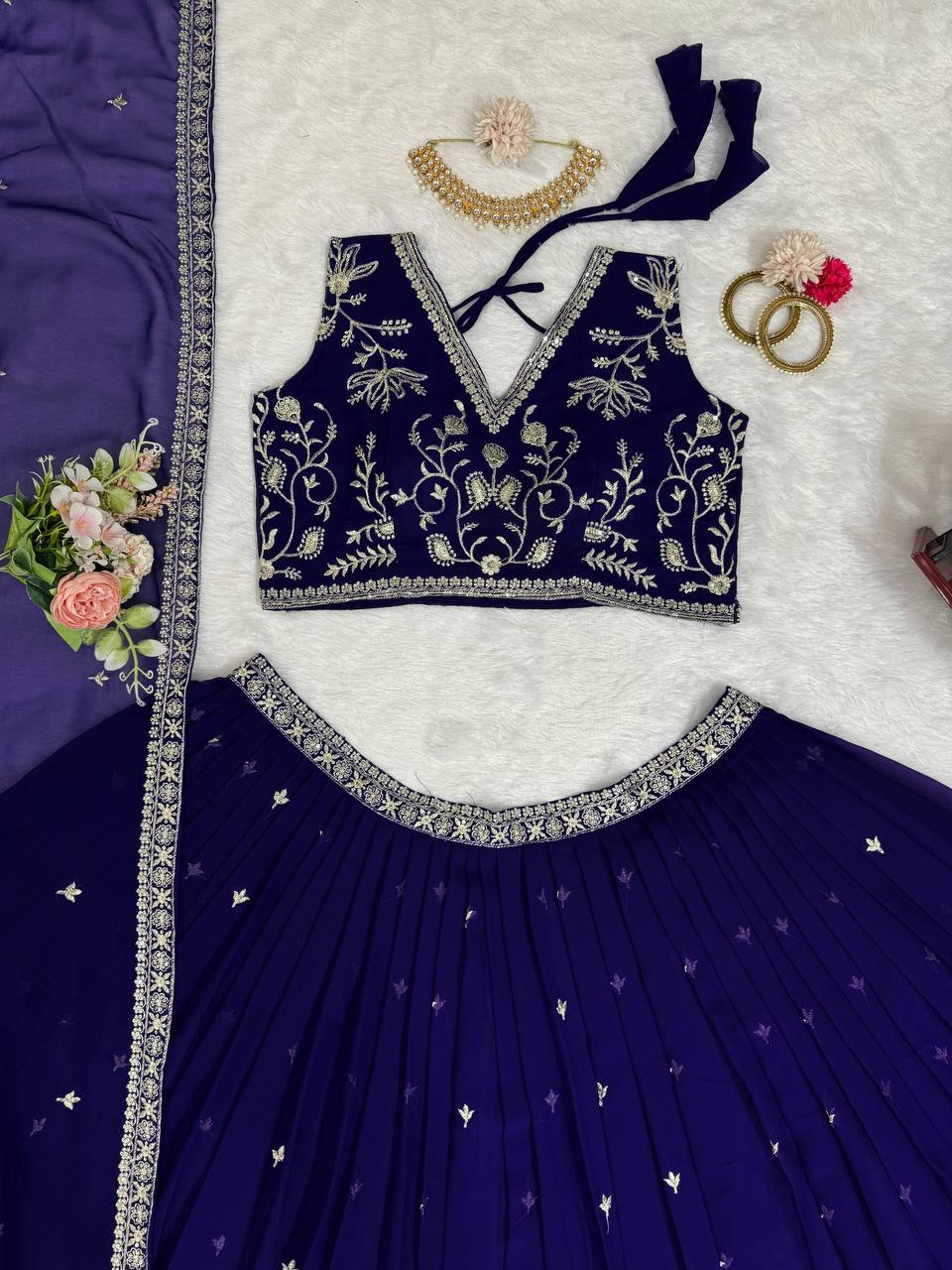 Beautiful Blue Colour Georgette Fabric Thread Work Lehenga Choli